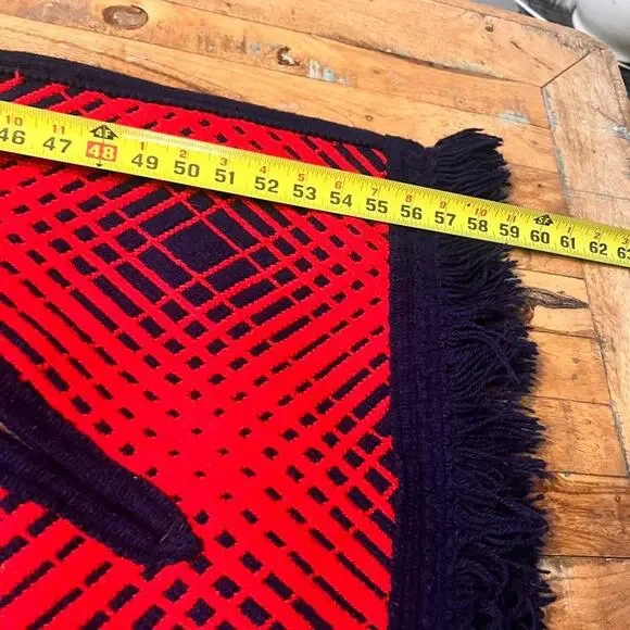 Poncho Cloak 26 x 59 in Knit Red and Blue Geometric Pattern Fringed Wool Blend - Picture 6 of 8